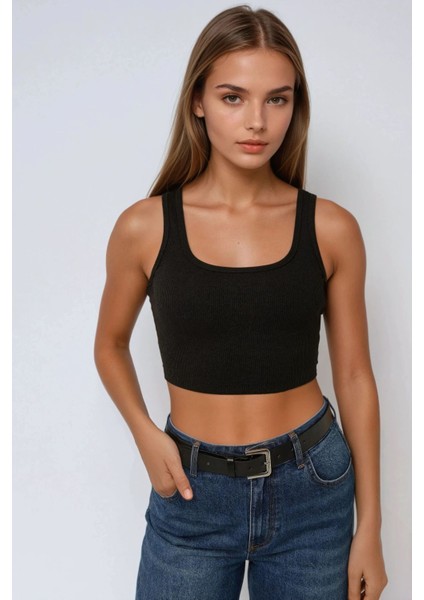 Kadın Basic Bisiklet Yaka Crop Üst Black indirimleri