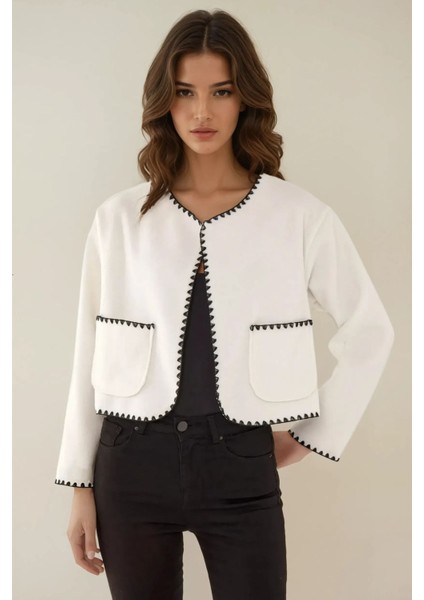 Kadın Çoban Dikiş Detaylı Yakasız Ceket Tozlu Beyaz