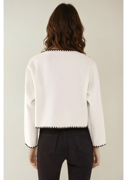 Kadın Çoban Dikiş Detaylı Yakasız Ceket Tozlu Beyaz