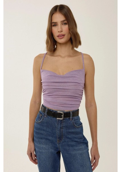 Kadın Asimetrik Yaka Örme Kısa Simli Üst Purple