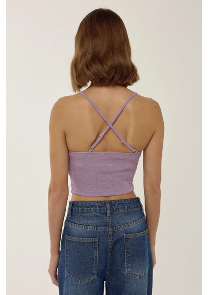 Kadın Asimetrik Yaka Örme Kısa Simli Üst Purple