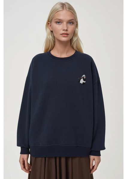 Kadın Rahat Hayvan Nakışlı Şardonlu Bisiklet Yaka Hoodie Blue