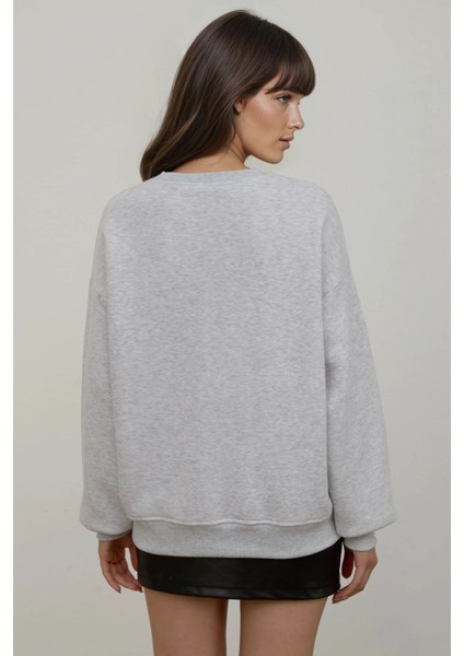 Kadın Rahat Hayvan Nakışlı Şardonlu Bisiklet Yaka Hoodie Grey