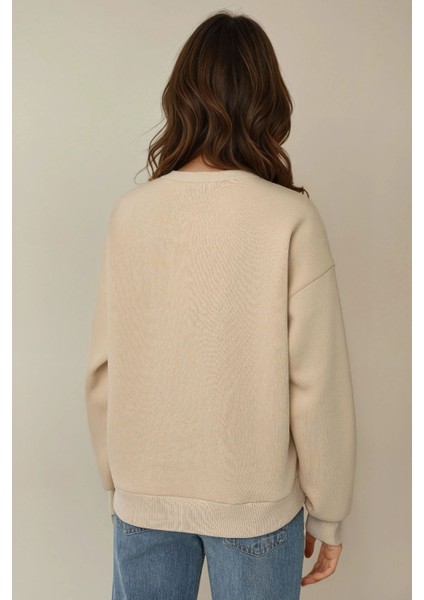 Kadın Rahat Hayvan Nakışlı Şardonlu Bisiklet Yaka Hoodie Natural