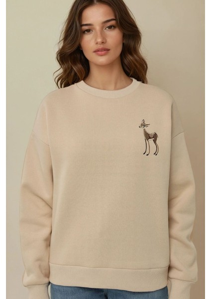 Kadın Rahat Hayvan Nakışlı Şardonlu Bisiklet Yaka Hoodie Natural