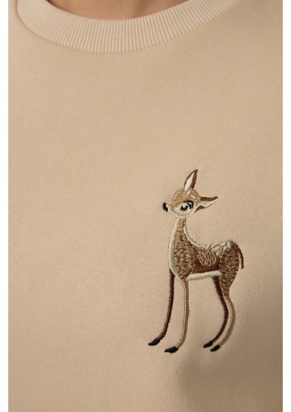 Kadın Rahat Hayvan Nakışlı Şardonlu Bisiklet Yaka Hoodie Natural