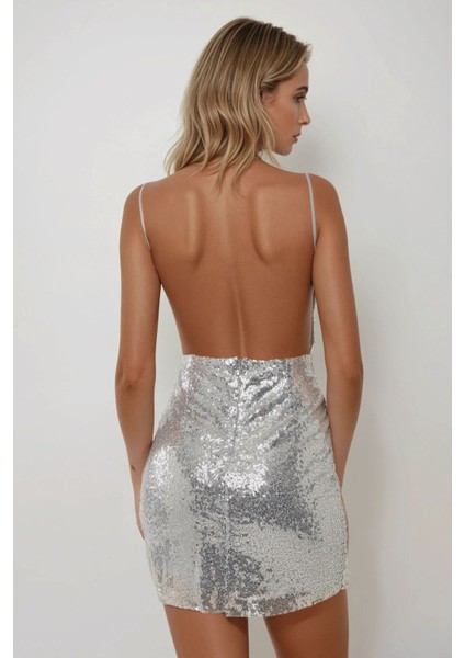 Kadın Kare Yaka Payetli Mini Bodycon Elbise Arduvaz Grisi