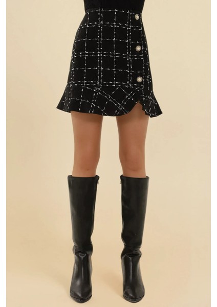 Kadın Düğme Detaylı Tüvit Volanlı Mini Etek Black