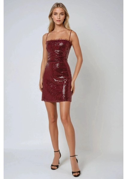Kadın Kare Yaka Payetli Mini Bodycon Elbise Bordo Kırmızı