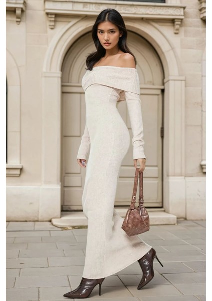 Kadın Omzu Açık Bodycon Ribana Maxi Elbise Natural