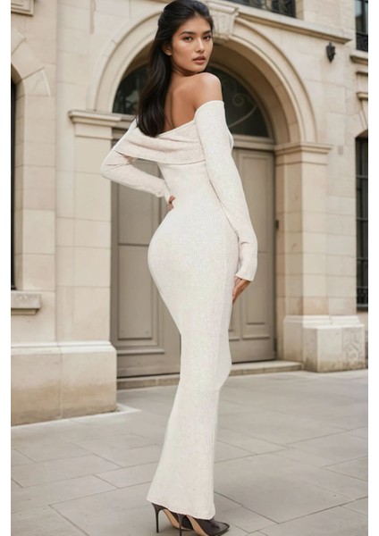 Kadın Omzu Açık Bodycon Ribana Maxi Elbise Natural