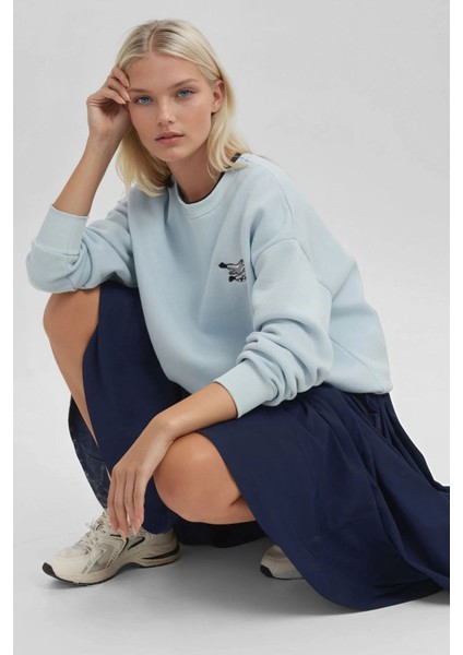 Kadın Rahat Hayvan Nakışlı Şardonlu Bisiklet Yaka Hoodie Blue