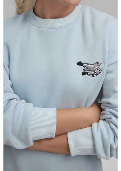 Kadın Rahat Hayvan Nakışlı Şardonlu Bisiklet Yaka Hoodie Blue