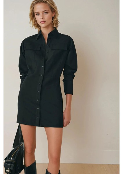 Kadın Gömlek Yaka Mini Elbise Siyah