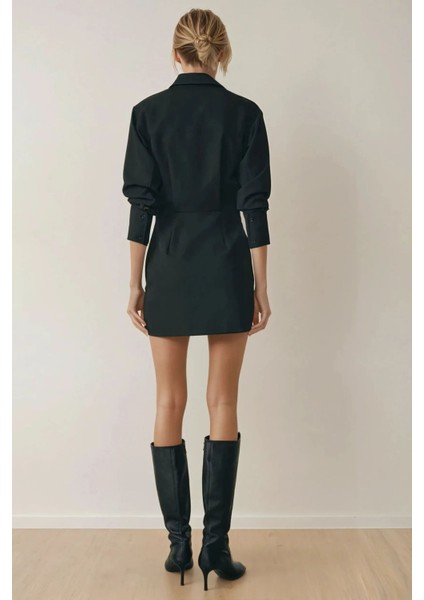 Kadın Gömlek Yaka Mini Elbise Siyah