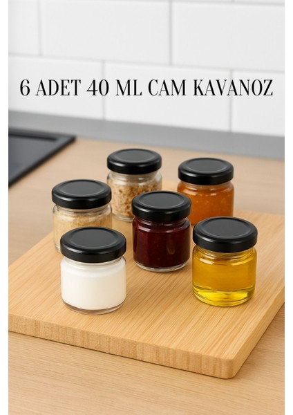 6 Adet 40 ml Metal Kapaklı Şeffaf Numune Mama Ek Gıda Şekerleme Reçellik Küçük Cam Kavanoz