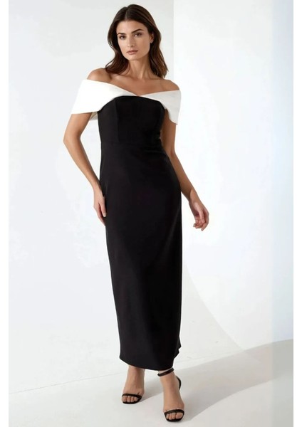 Kadın Kalp Yaka Renk Bloklu Maxi Elbise Siyah indirimleri