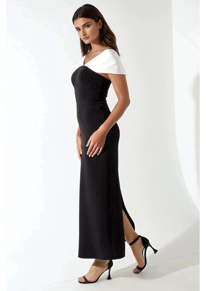 Kadın Kalp Yaka Renk Bloklu Maxi Elbise Siyah