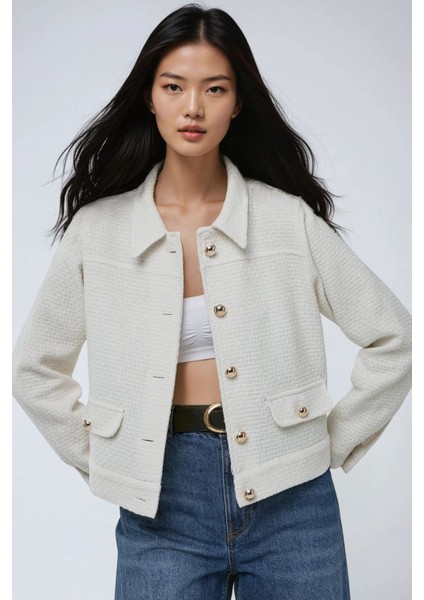 Kadın Düğmeli Dokulu Tüvit Ceket Beyaz