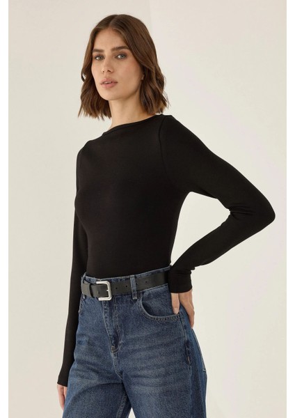 Kadın Dushku Kayık Yaka Uzun Kollu Siyah