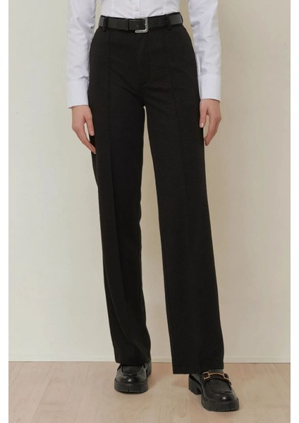 Kadın Düz Kesim Yüksek Bel Nervürlü Dokuma Pantolon Siyah
