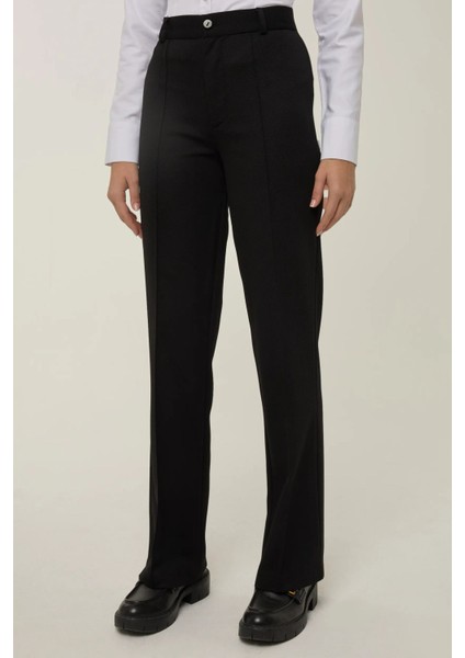 Kadın Düz Kesim Yüksek Bel Nervürlü Dokuma Pantolon Siyah