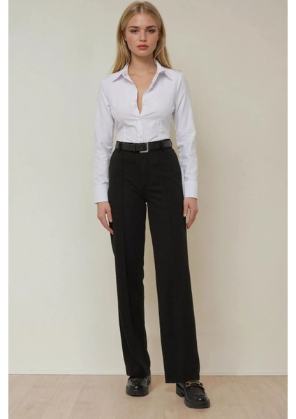 Kadın Düz Kesim Yüksek Bel Nervürlü Dokuma Pantolon Siyah