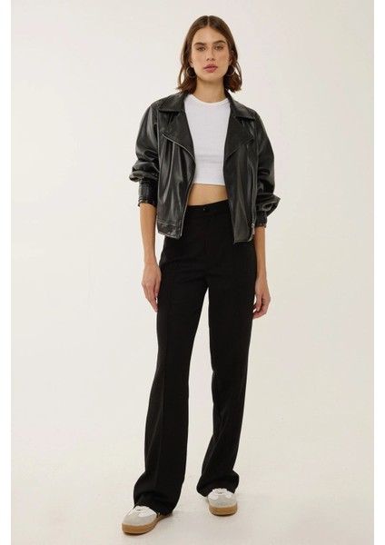 Kadın Düz Kesim Yüksek Bel Nervürlü Dokuma Pantolon Siyah