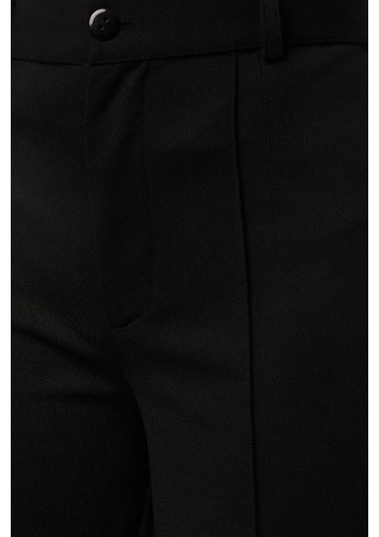 Kadın Düz Kesim Yüksek Bel Nervürlü Dokuma Pantolon Siyah