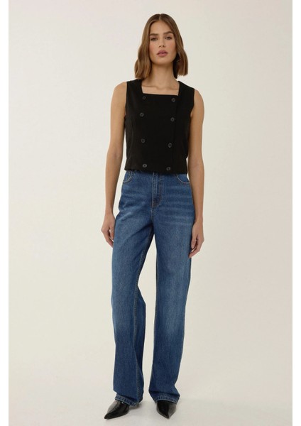 Kadın Kare Yaka Kruvaze Crop Yelek Black