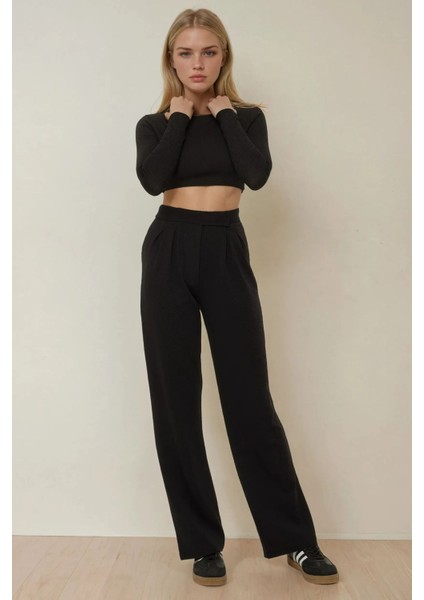 Kadın Cırt Cırt Kapamalı Yüksek Bel Pileli Wide Leg Pantolon Black