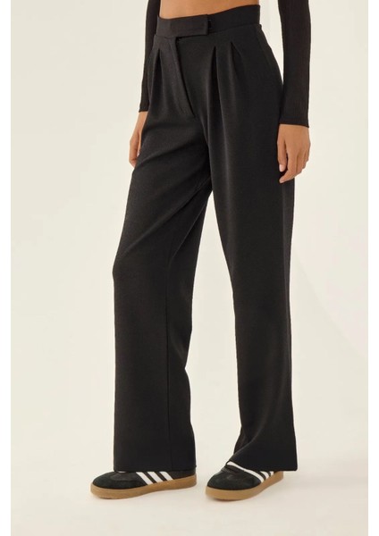 Kadın Cırt Cırt Kapamalı Yüksek Bel Pileli Wide Leg Pantolon Black
