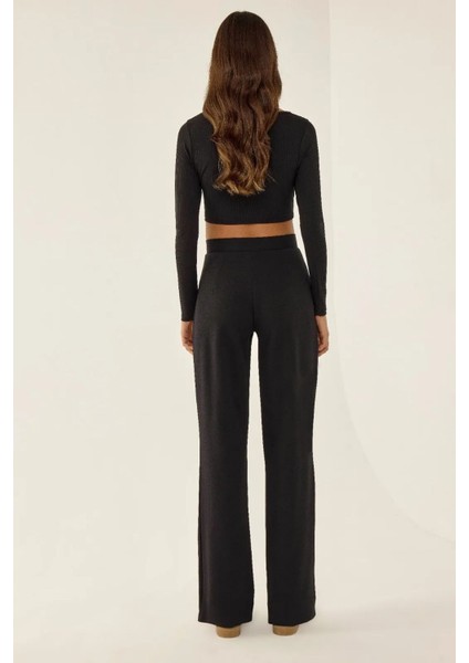 Kadın Cırt Cırt Kapamalı Yüksek Bel Pileli Wide Leg Pantolon Black