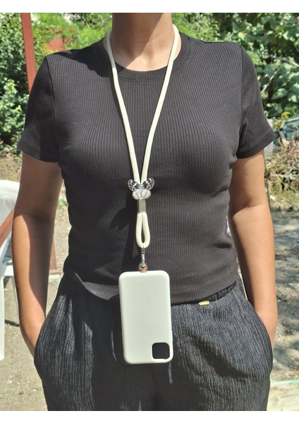 Tüm Kılıflara Uyumlu Ekru Kelebek Telefon Boyun Askısı