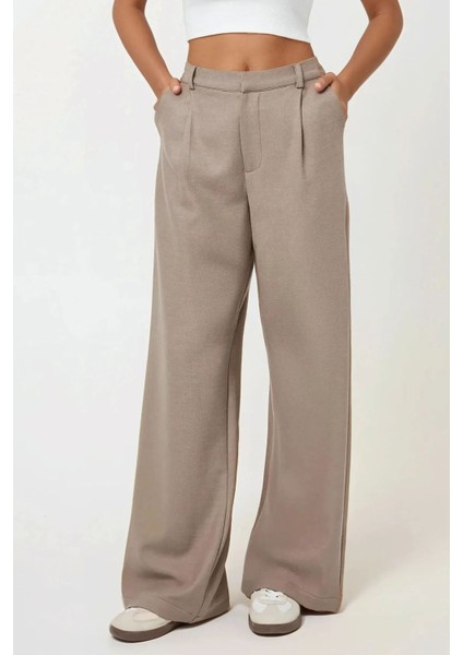 Kadın Yüksek Bel Pileli Wide Leg Pantolon Natural