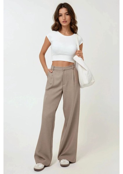 Kadın Yüksek Bel Pileli Wide Leg Pantolon Natural