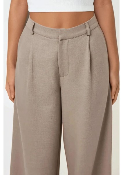 Kadın Yüksek Bel Pileli Wide Leg Pantolon Natural