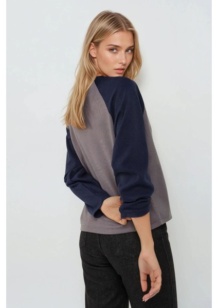 Kadın Bisiklet Yaka Raglan Uzun Kol Waffle Üst Grey