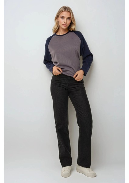 Kadın Bisiklet Yaka Raglan Uzun Kol Waffle Üst Grey