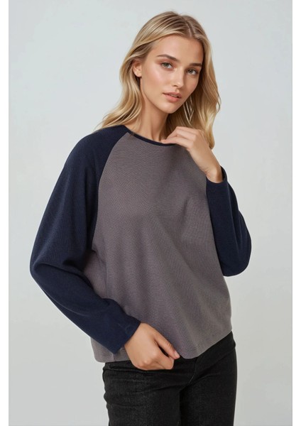 Kadın Bisiklet Yaka Raglan Uzun Kol Waffle Üst Grey