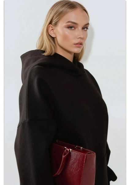 Kadın Extra Oversize Kapüşonlu Kalın Polarlı Hoodie Black