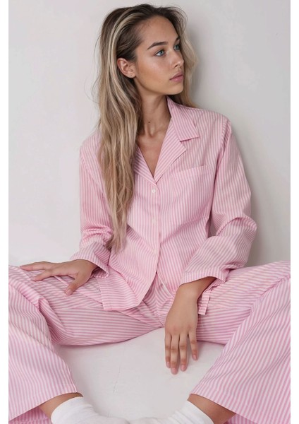 Kadın Çizgili Pamuklu Pijama Takımı Pembe