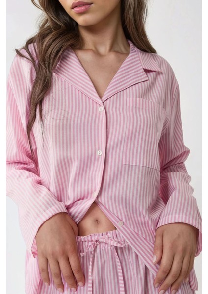Kadın Çizgili Pamuklu Pijama Takımı Pembe