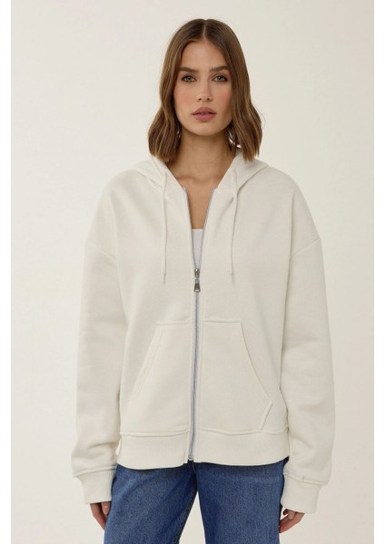 Kadın Rahat Fit Fermuarlı Kapüşonlu Hoodie Natural