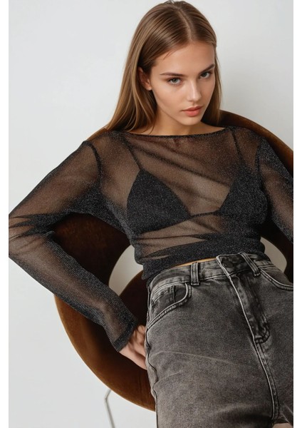 Kadın Lurex Transparan Uzun Kollu Fit Bluz Black indirimleri