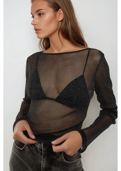 Kadın Lurex Transparan Uzun Kollu Fit Bluz Black