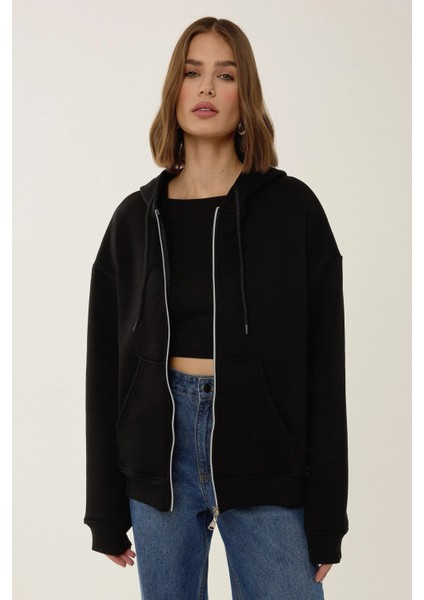 Kadın Rahat Fit Fermuarlı Kapüşonlu Hoodie Black