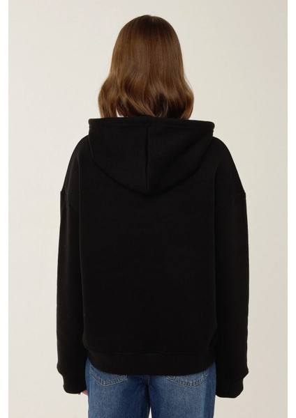 Kadın Rahat Fit Fermuarlı Kapüşonlu Hoodie Black