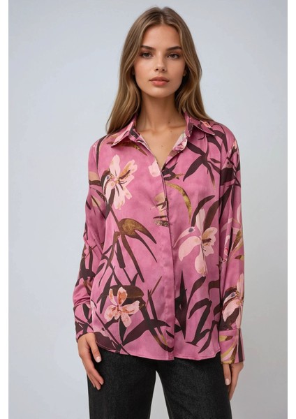 Kadın Saten Çiçek Desenli Uzun Kollu Gömlek Purple