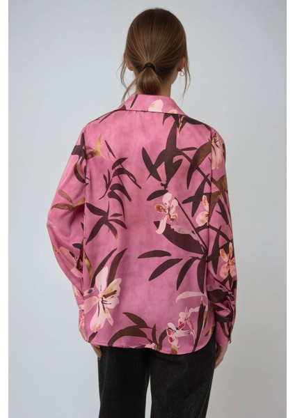 Kadın Saten Çiçek Desenli Uzun Kollu Gömlek Purple